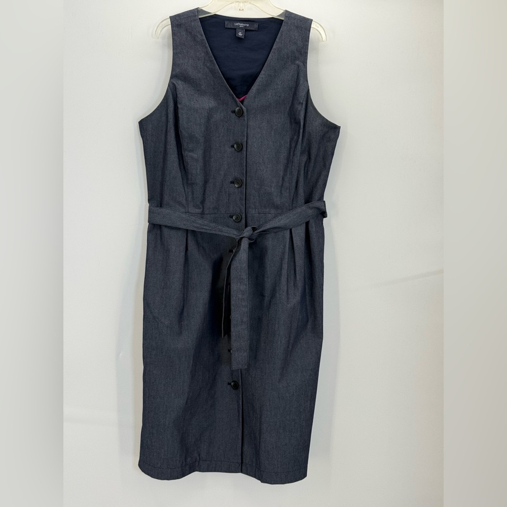 Liz Claiborne Denim Button Front Belted Midi Dress Sleeveless V-Neck Blue Casual - Picture 8 of 13